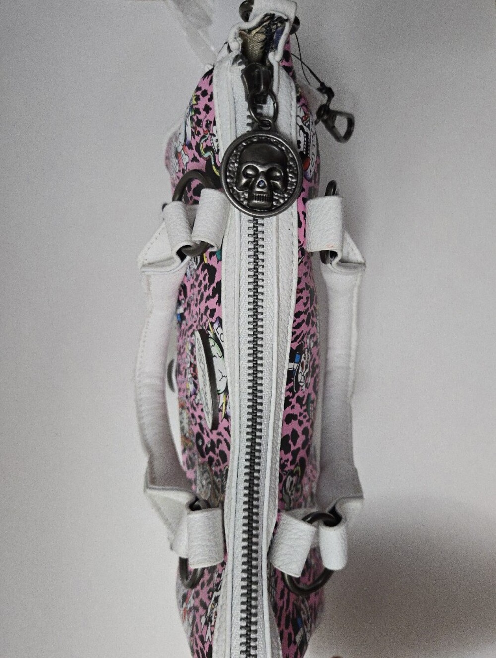 New Ed Hardy Pink Skull Tattoo-Print Shoulder Bag with White Trim - Picture 6 of 6